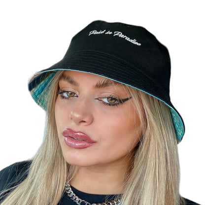 “Isla” Print Reversible Black Bucket Hat - Women's