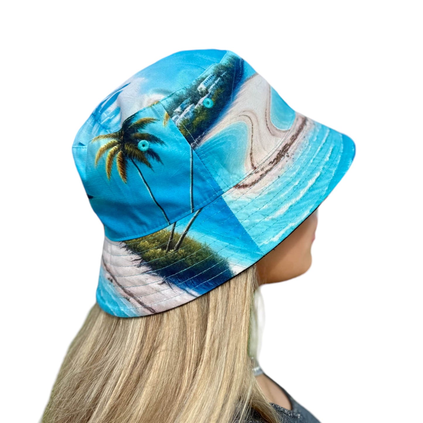 “Isla” Print Reversible Black Bucket Hat - Women's